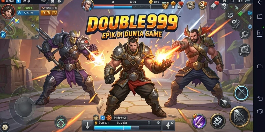 Tampilan pertarungan epik di DOUBLE999 dengan karakter-karakter yang terlibat.