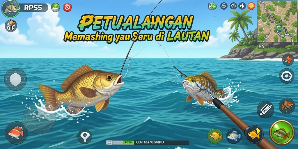Screenshot gameplay RP55 menampilkan aksi memancing yang realistis.